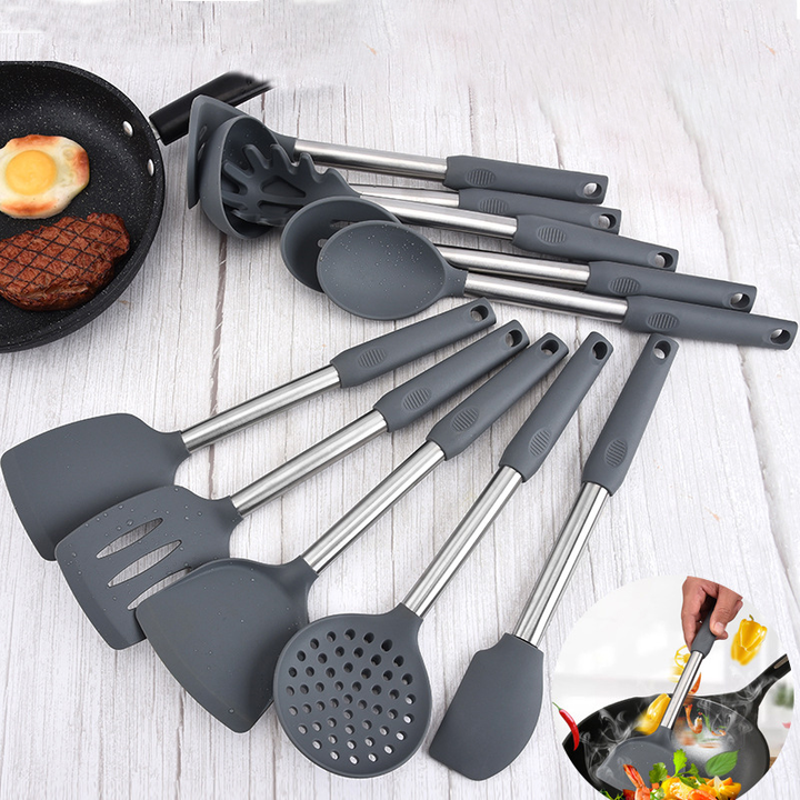 This premium 10-piece kitchen utensil set is designed for everyday cooking with a modern look and practical functionality. Made from heat-resistant silicone with durable metal (copper-colored) handles, these utensils are perfect for non-stick cookware and are built to last. Key Features: Type: Kitchen Utensils Set Material: Food-grade Silicone Handle Material: Metal (Copper-look finish) Color Options: Colorful / Gray (as shown) Style: Modern Eco-Friendly: Yes – Sustainable & Durable Heat Resistance: Yes – Safe for high temperatures Non-Stick Compatible: Yes – Won’t scratch your cookware Function: Ideal for stirring, flipping, scooping, draining, and more