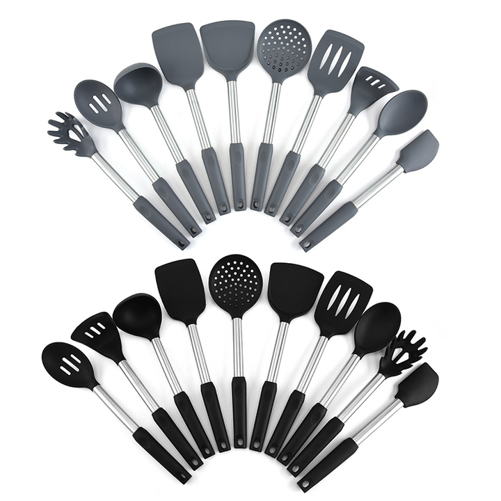 This premium 10-piece kitchen utensil set is designed for everyday cooking with a modern look and practical functionality. Made from heat-resistant silicone with durable metal (copper-colored) handles, these utensils are perfect for non-stick cookware and are built to last. Key Features: Type: Kitchen Utensils Set Material: Food-grade Silicone Handle Material: Metal (Copper-look finish) Color Options: Colorful / Gray (as shown) Style: Modern Eco-Friendly: Yes – Sustainable & Durable Heat Resistance: Yes – Safe for high temperatures Non-Stick Compatible: Yes – Won’t scratch your cookware Function: Ideal for stirring, flipping, scooping, draining, and more