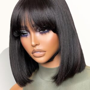 Blunt Cut Bob Wigs With Bangs for Women Girls, 10 Inch Shoulder Length Light Yaki Straight Hair Costume Wig, Soft Synthetic Hair Replacement Wigs Heat Resistant